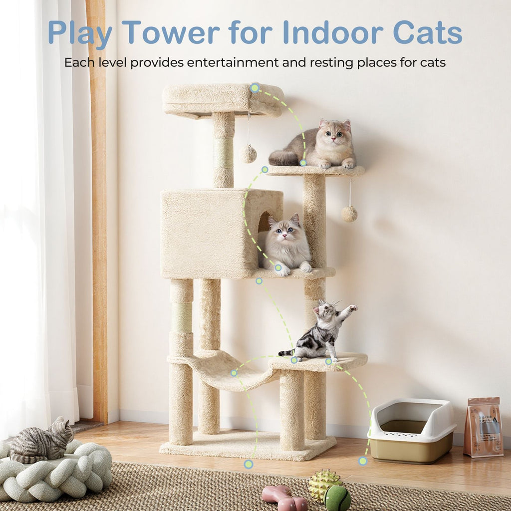 44 inch Cat Tree Tower, Multi - Cat Climbing Tower with, Natural Sisal Scratching Posts, Extended Platform, Hammock - Dog Time Outlet
