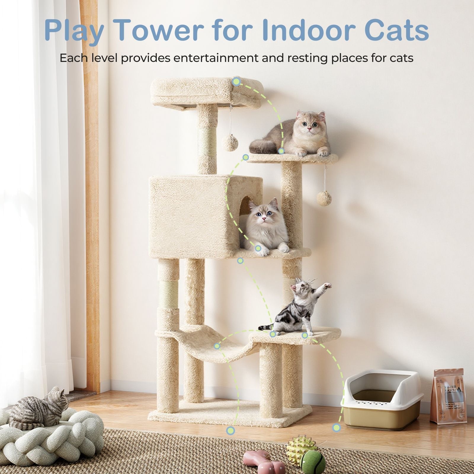 44 inch Cat Tree Tower, Multi - Cat Climbing Tower with, Natural Sisal Scratching Posts, Extended Platform, Hammock - Dog Time Outlet