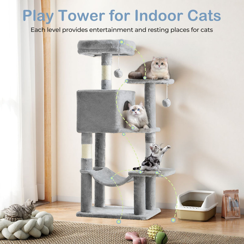 44 inch Cat Tree Tower, Multi - Cat Climbing Tower with, Natural Sisal Scratching Posts, Extended Platform, Hammock - Dog Time Outlet