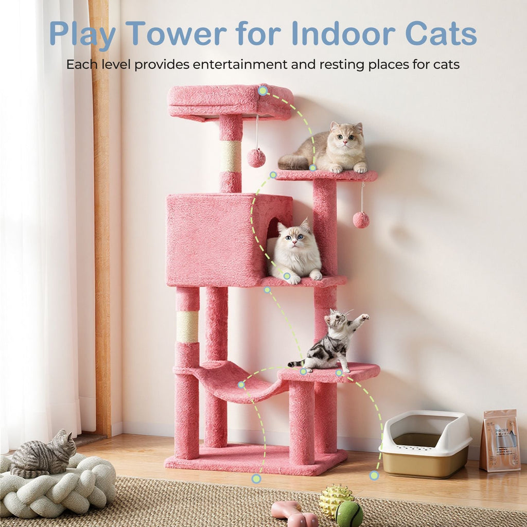 44 inch Cat Tree Tower, Multi - Cat Climbing Tower with, Natural Sisal Scratching Posts, Extended Platform, Hammock - Dog Time Outlet