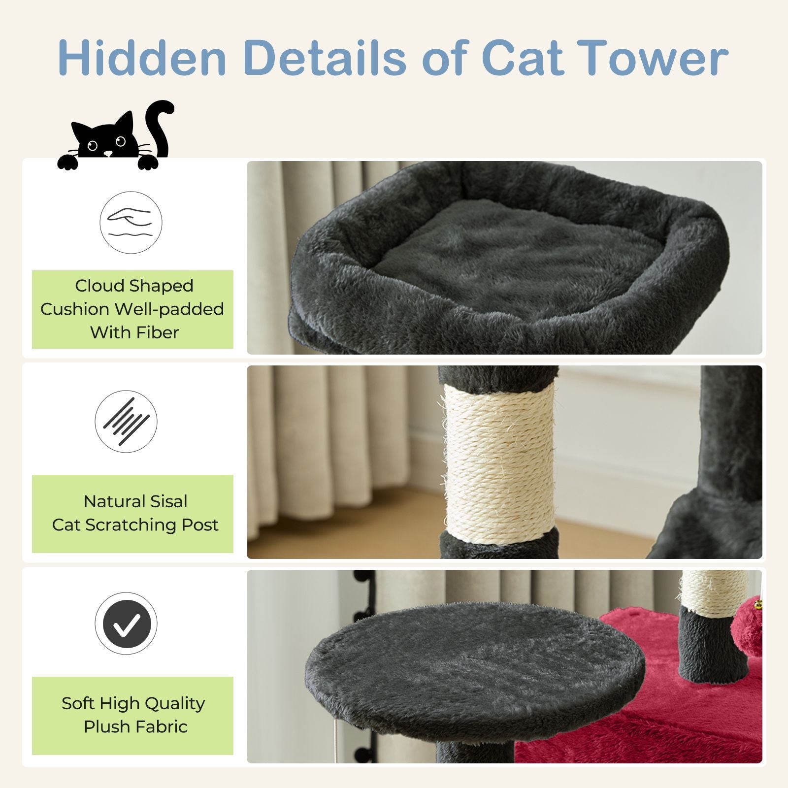 44 inch Cat Tree Tower, Multi - Cat Climbing Tower with, Natural Sisal Scratching Posts, Extended Platform, Hammock - Dog Time Outlet