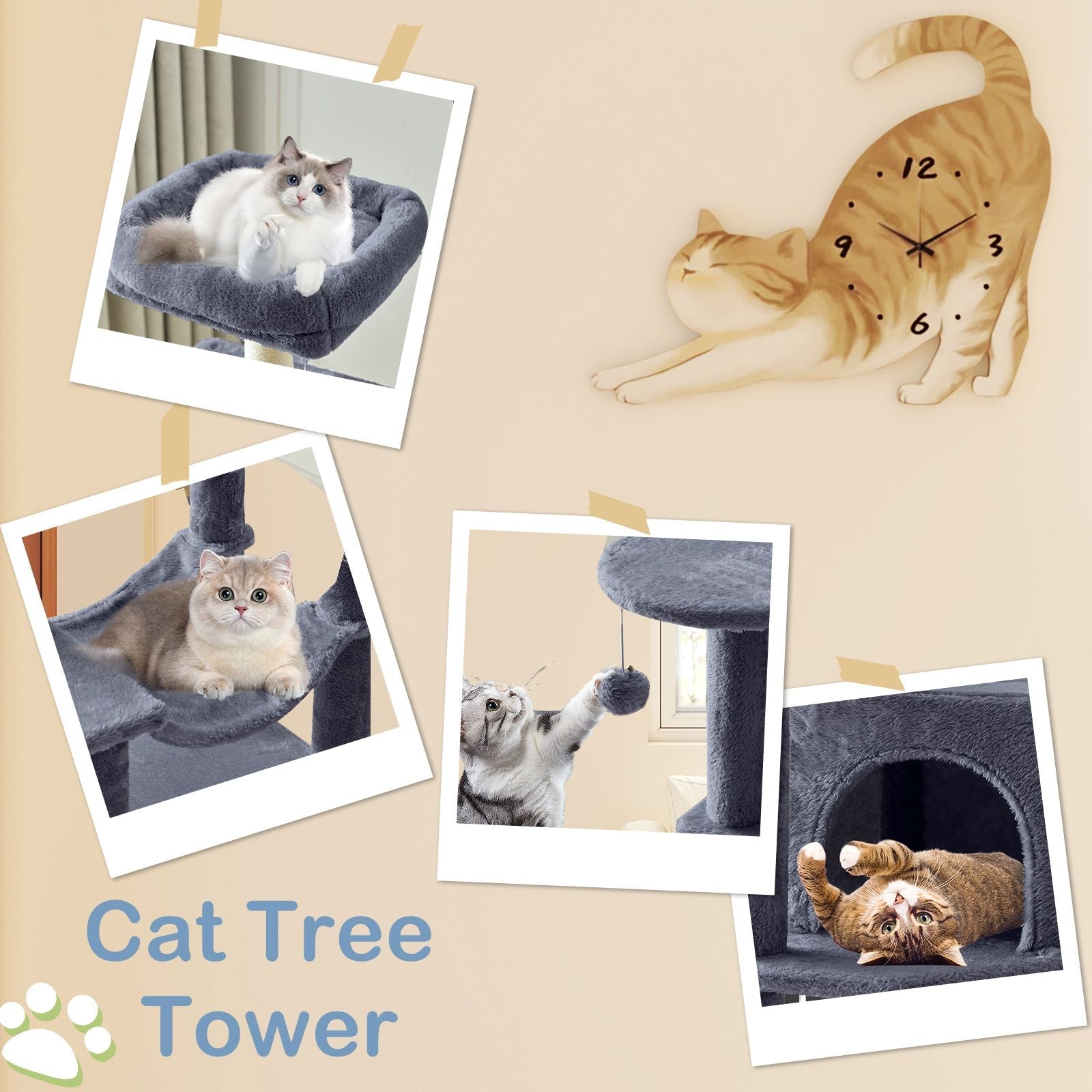 44 inch Cat Tree Tower, Multi - Cat Climbing Tower with, Natural Sisal Scratching Posts, Extended Platform, Hammock - Dog Time Outlet