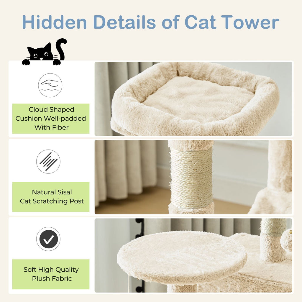 44 inch Cat Tree Tower, Multi - Cat Climbing Tower with, Natural Sisal Scratching Posts, Extended Platform, Hammock - Dog Time Outlet