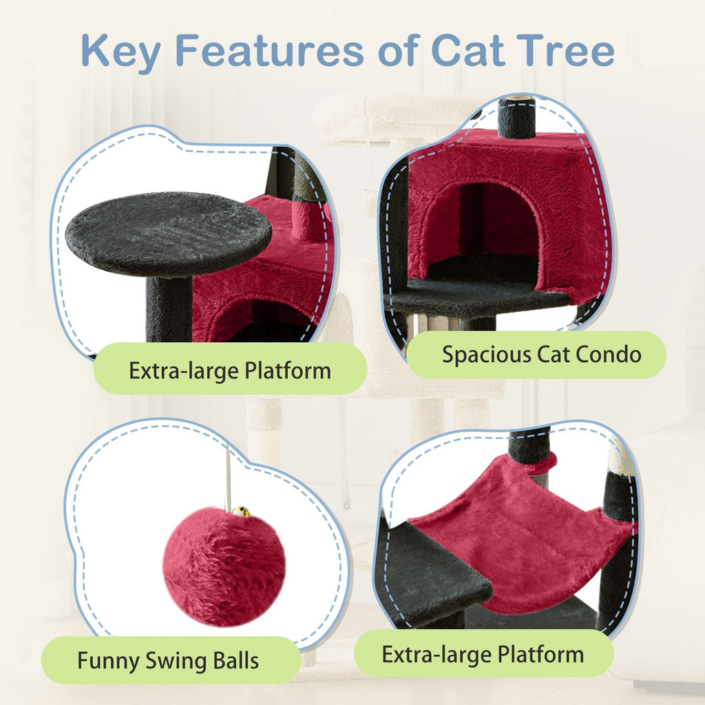 44 inch Cat Tree Tower, Multi - Cat Climbing Tower with, Natural Sisal Scratching Posts, Extended Platform, Hammock - Dog Time Outlet