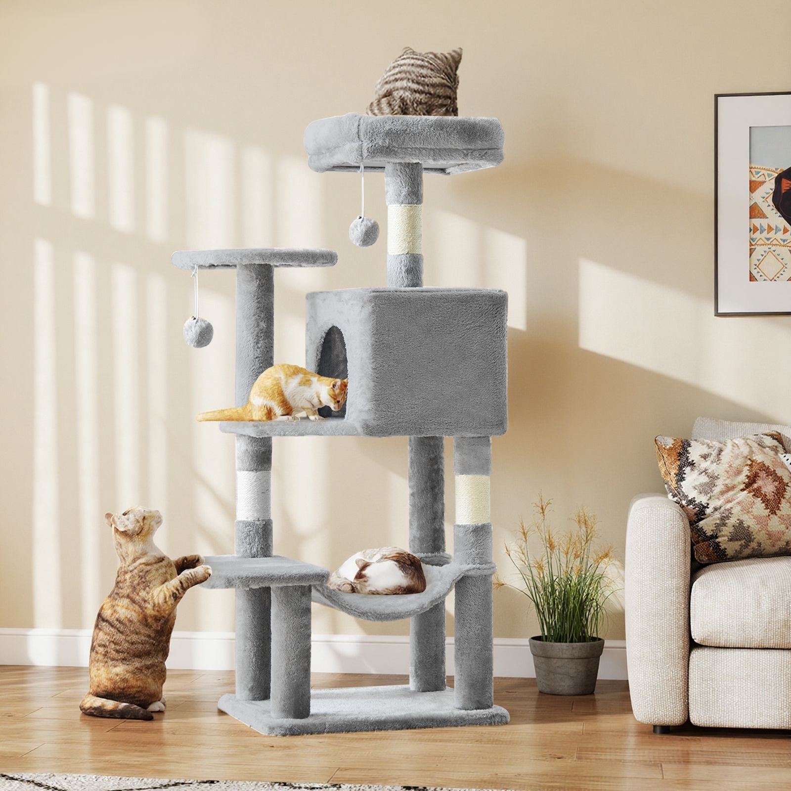 44 inch Cat Tree Tower, Multi - Cat Climbing Tower with, Natural Sisal Scratching Posts, Extended Platform, Hammock - Dog Time Outlet