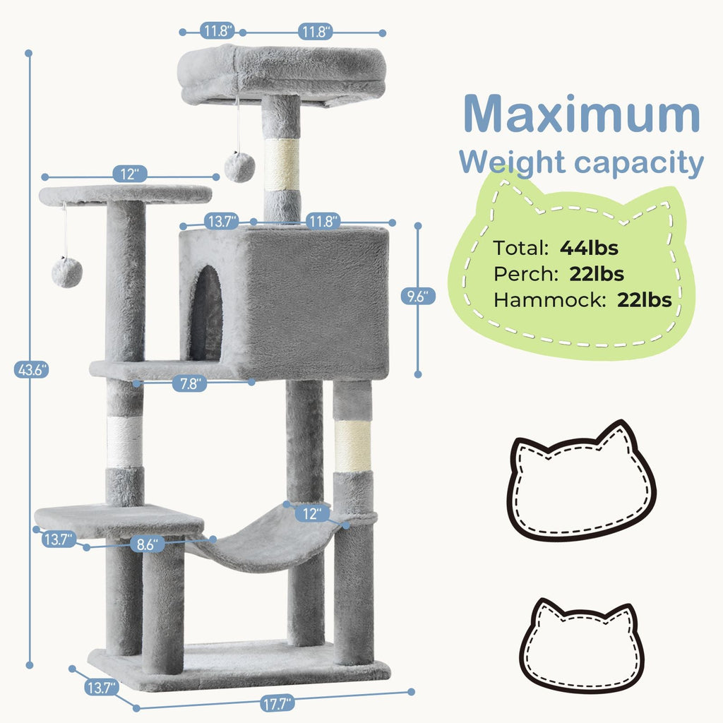 44 inch Cat Tree Tower, Multi - Cat Climbing Tower with, Natural Sisal Scratching Posts, Extended Platform, Hammock - Dog Time Outlet