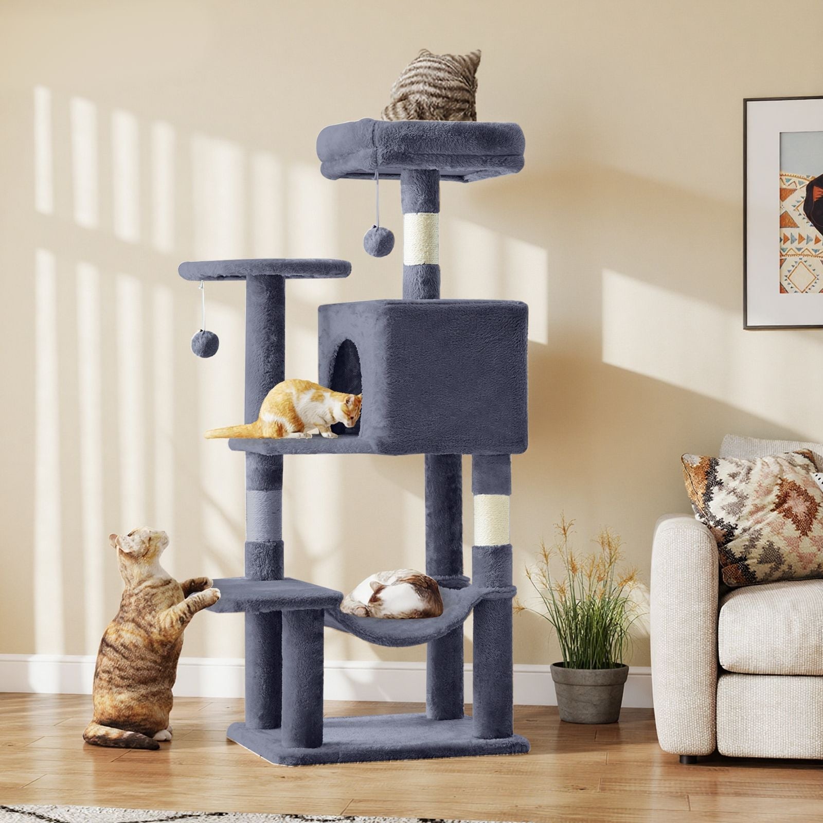44 inch Cat Tree Tower, Multi - Cat Climbing Tower with, Natural Sisal Scratching Posts, Extended Platform, Hammock - Dog Time Outlet