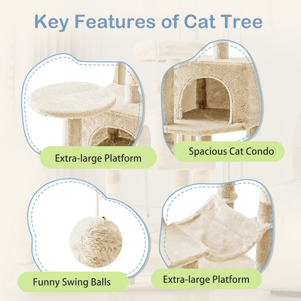 44 inch Cat Tree Tower, Multi - Cat Climbing Tower with, Natural Sisal Scratching Posts, Extended Platform, Hammock - Dog Time Outlet