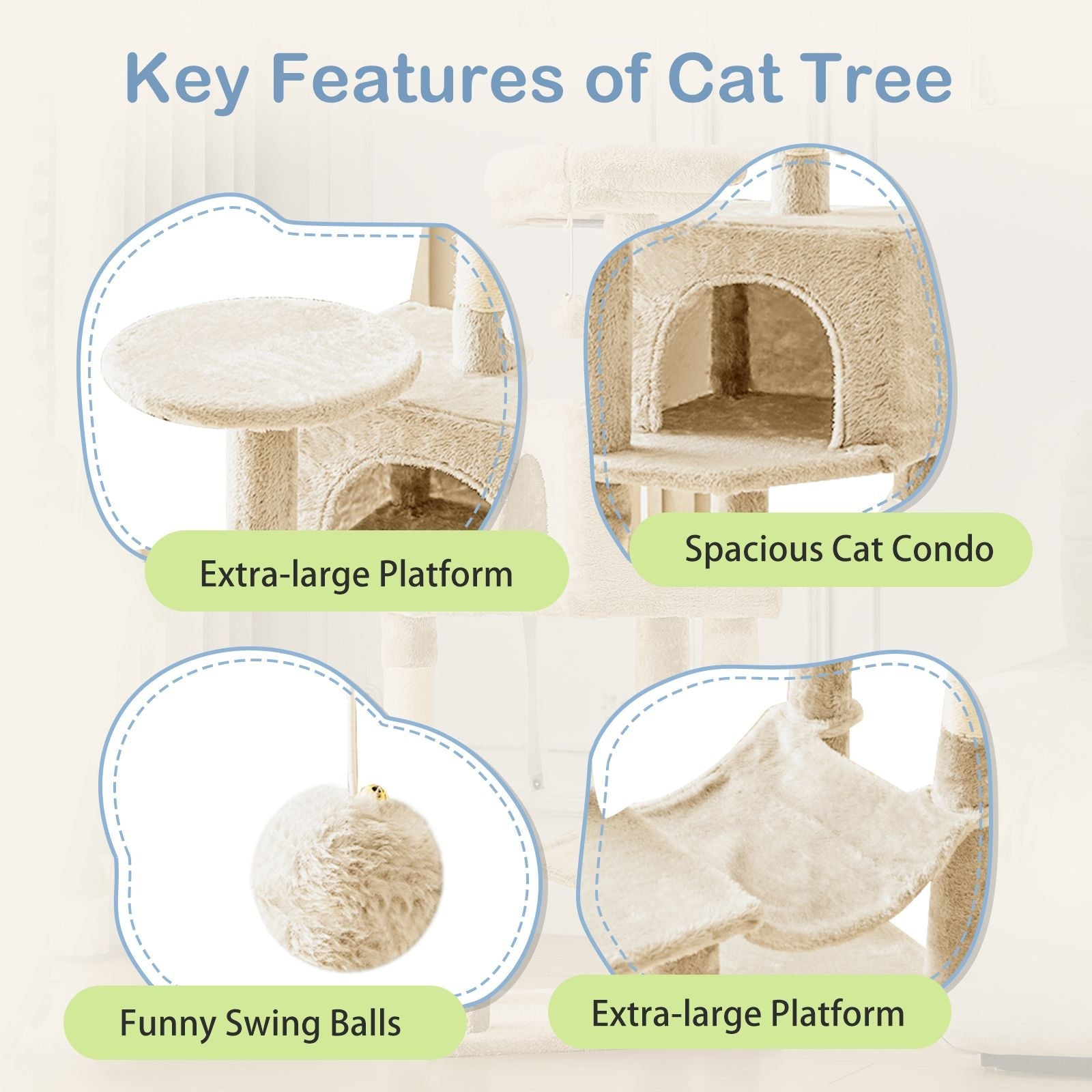 44 inch Cat Tree Tower, Multi - Cat Climbing Tower with, Natural Sisal Scratching Posts, Extended Platform, Hammock - Dog Time Outlet
