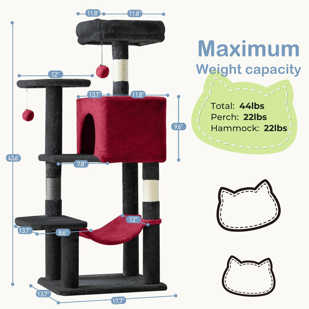 44 inch Cat Tree Tower, Multi - Cat Climbing Tower with, Natural Sisal Scratching Posts, Extended Platform, Hammock - Dog Time Outlet