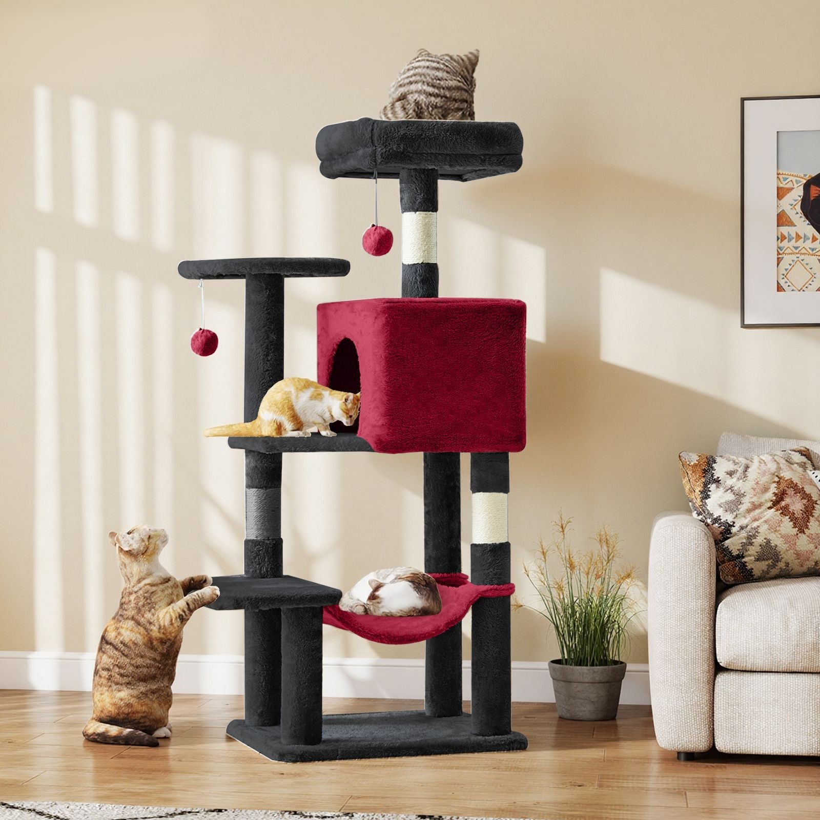 44 inch Cat Tree Tower, Multi - Cat Climbing Tower with, Natural Sisal Scratching Posts, Extended Platform, Hammock - Dog Time Outlet