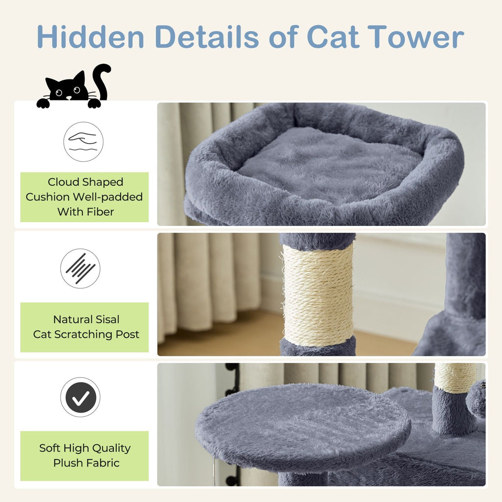 44 inch Cat Tree Tower, Multi - Cat Climbing Tower with, Natural Sisal Scratching Posts, Extended Platform, Hammock - Dog Time Outlet