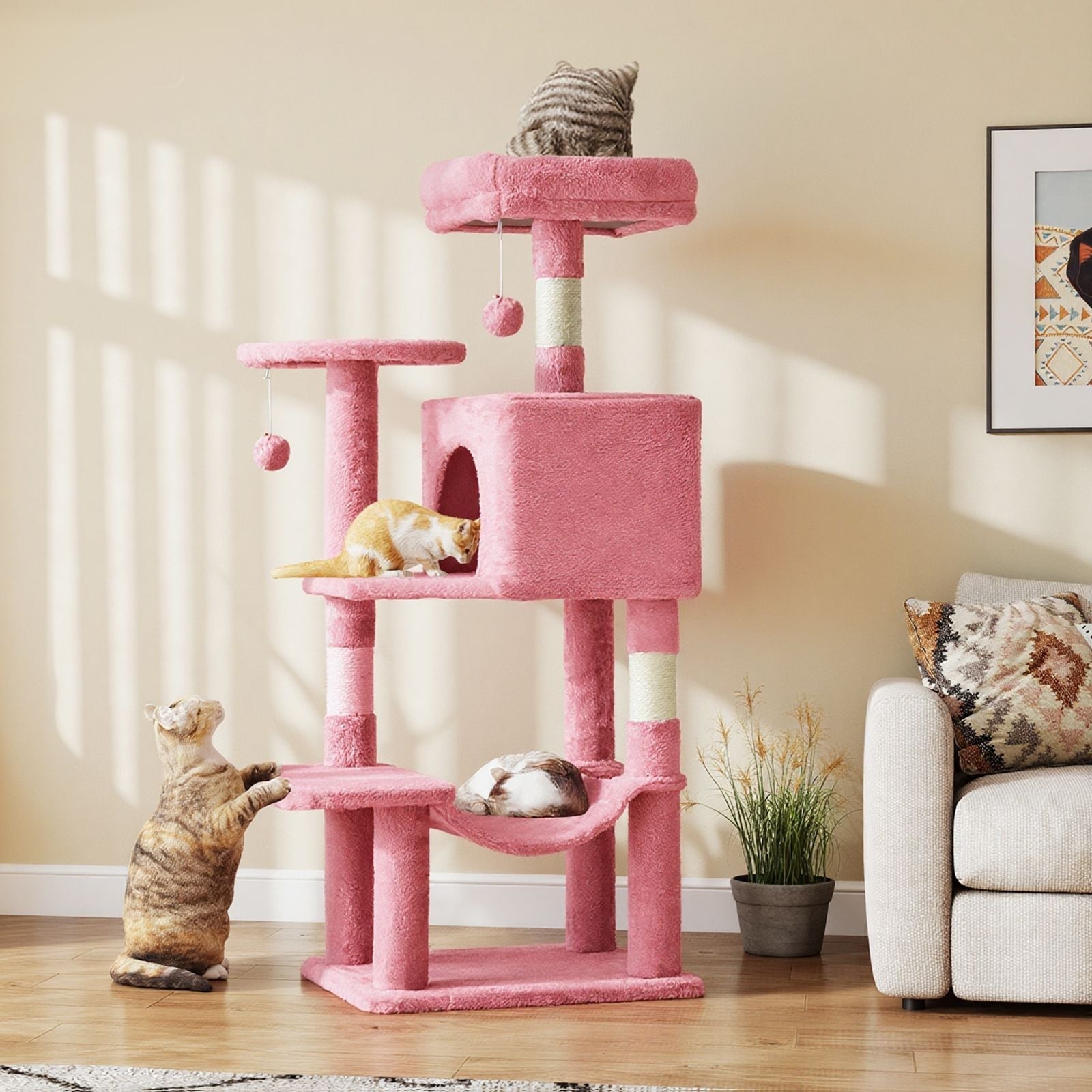 44 inch Cat Tree Tower, Multi - Cat Climbing Tower with, Natural Sisal Scratching Posts, Extended Platform, Hammock - Dog Time Outlet