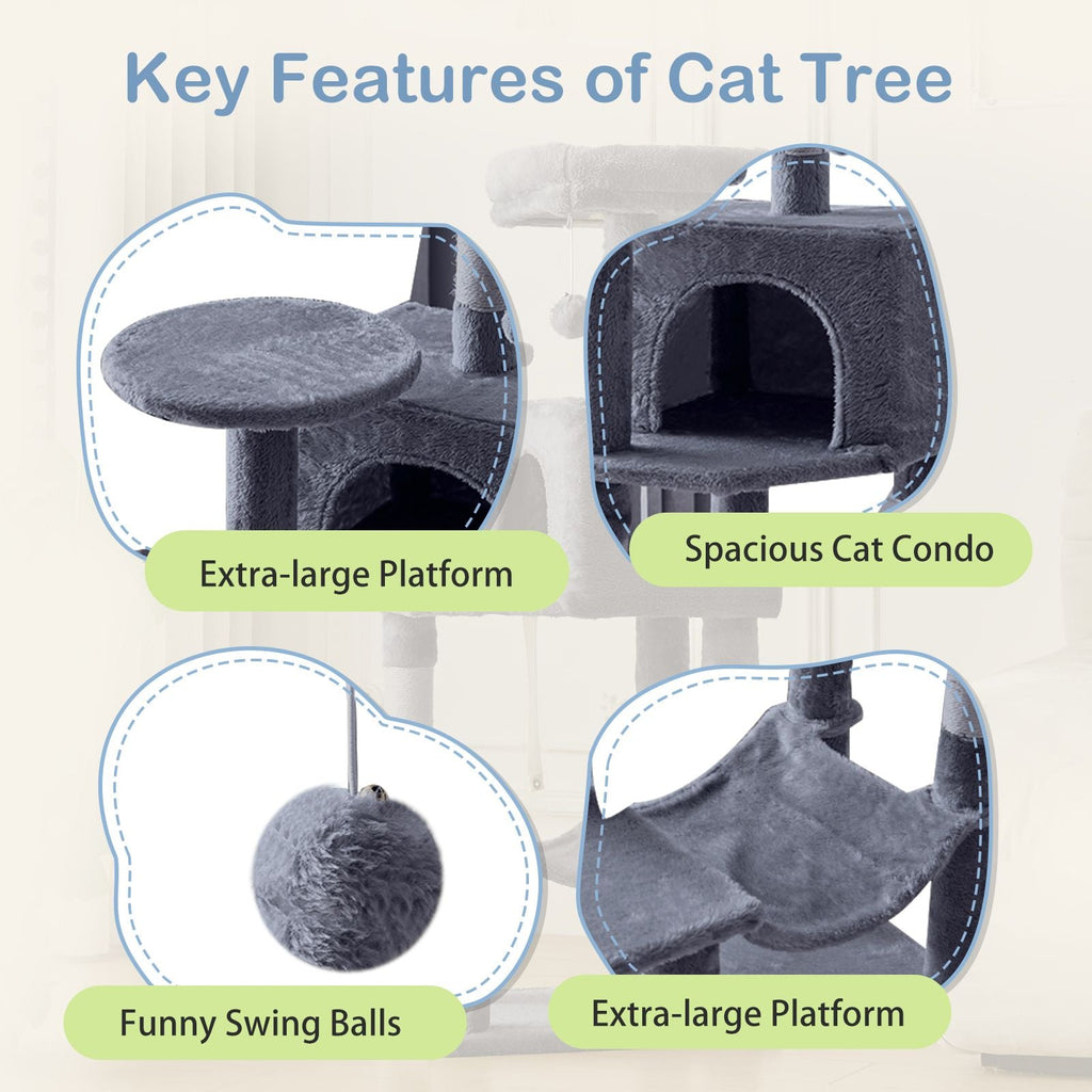 44 inch Cat Tree Tower, Multi - Cat Climbing Tower with, Natural Sisal Scratching Posts, Extended Platform, Hammock - Dog Time Outlet