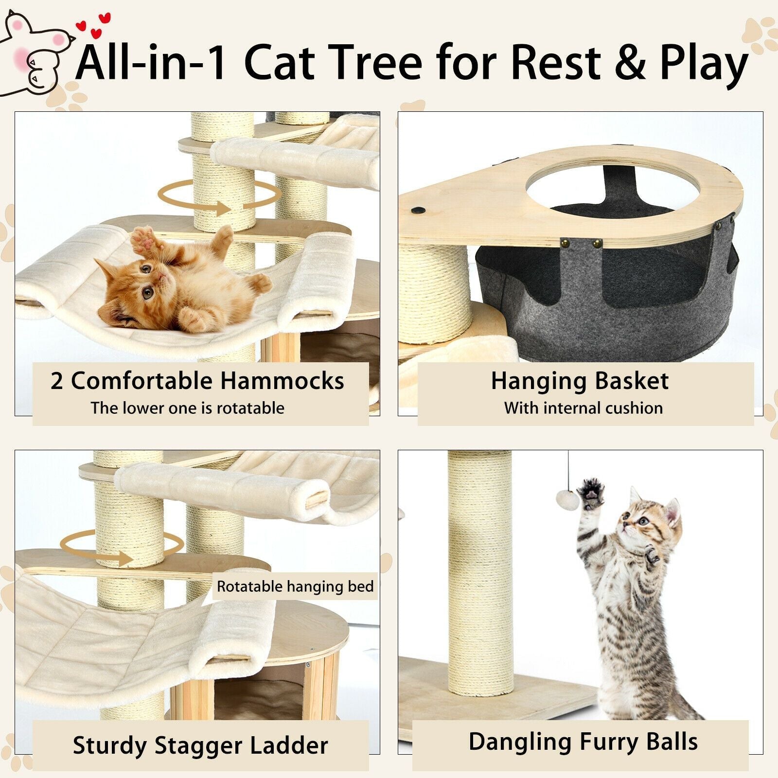 77.5 Inch Cat Tree Condo Multi - Level Kitten Activity Tower with Sisal Posts - Dog Time Outlet