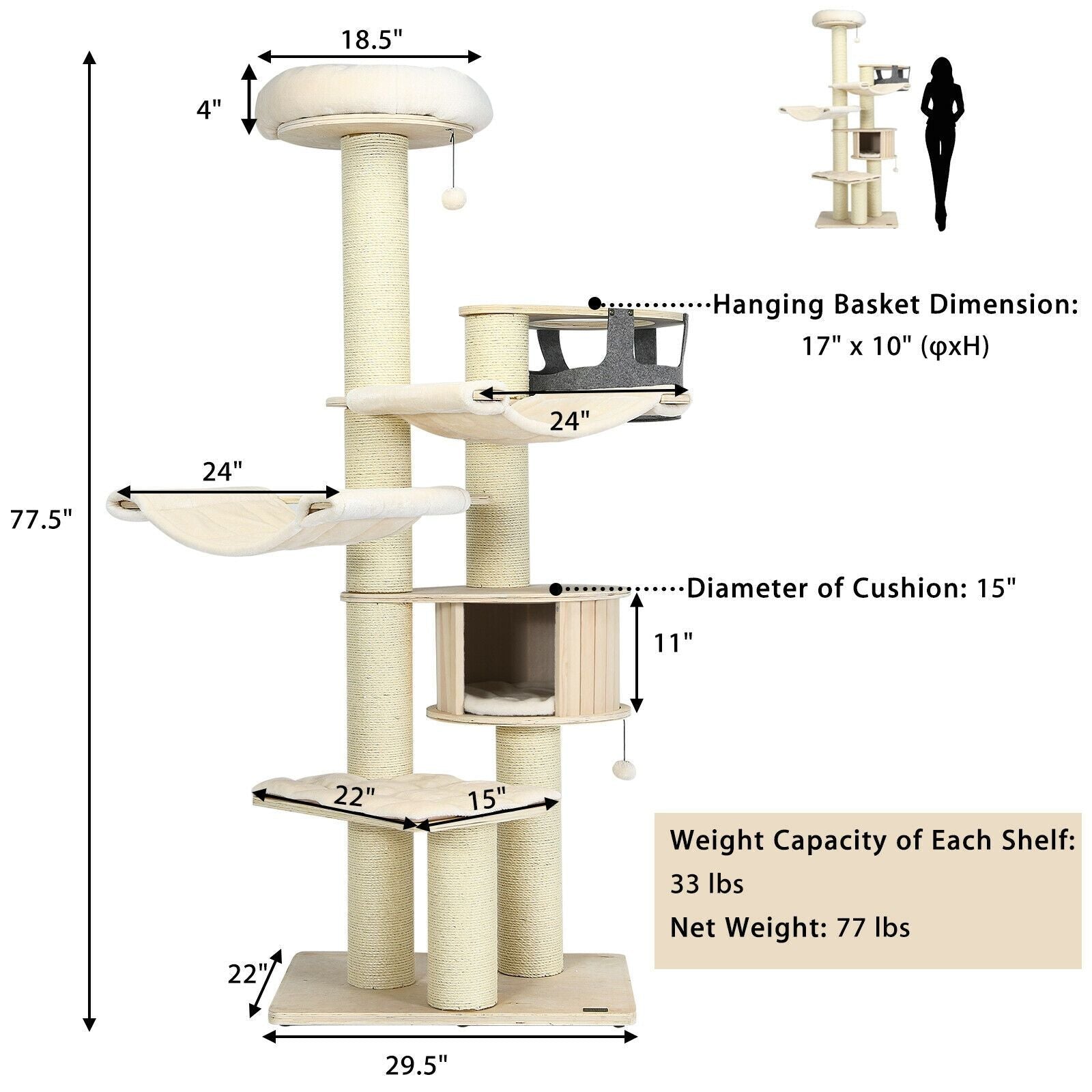 77.5 Inch Cat Tree Condo Multi - Level Kitten Activity Tower with Sisal Posts - Dog Time Outlet