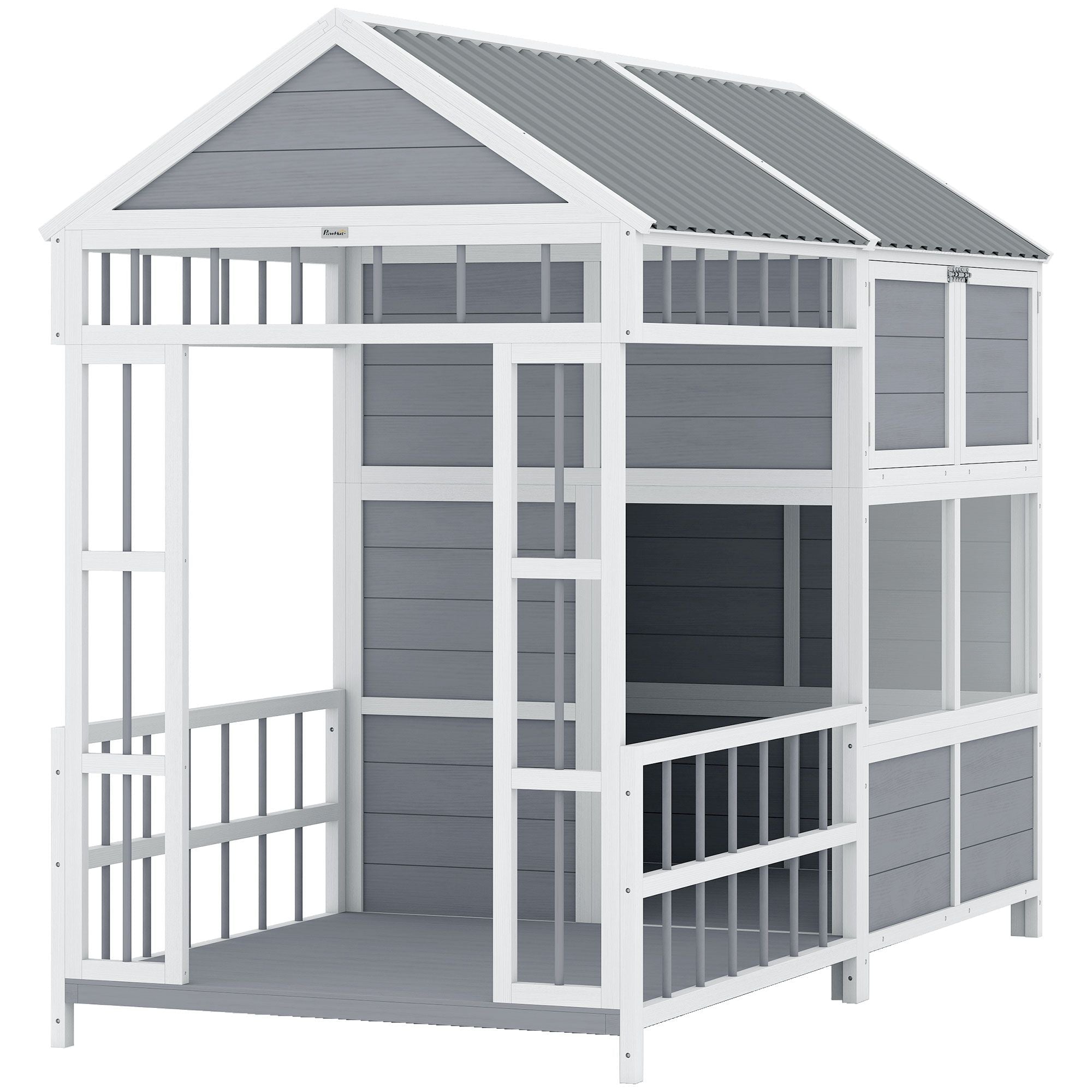 79"L Large Dog House Outdoor, Wooden Dog Kennel with Porch, Storage Cabinet,Weatherproof Roof, Windows - Dog Time Outlet