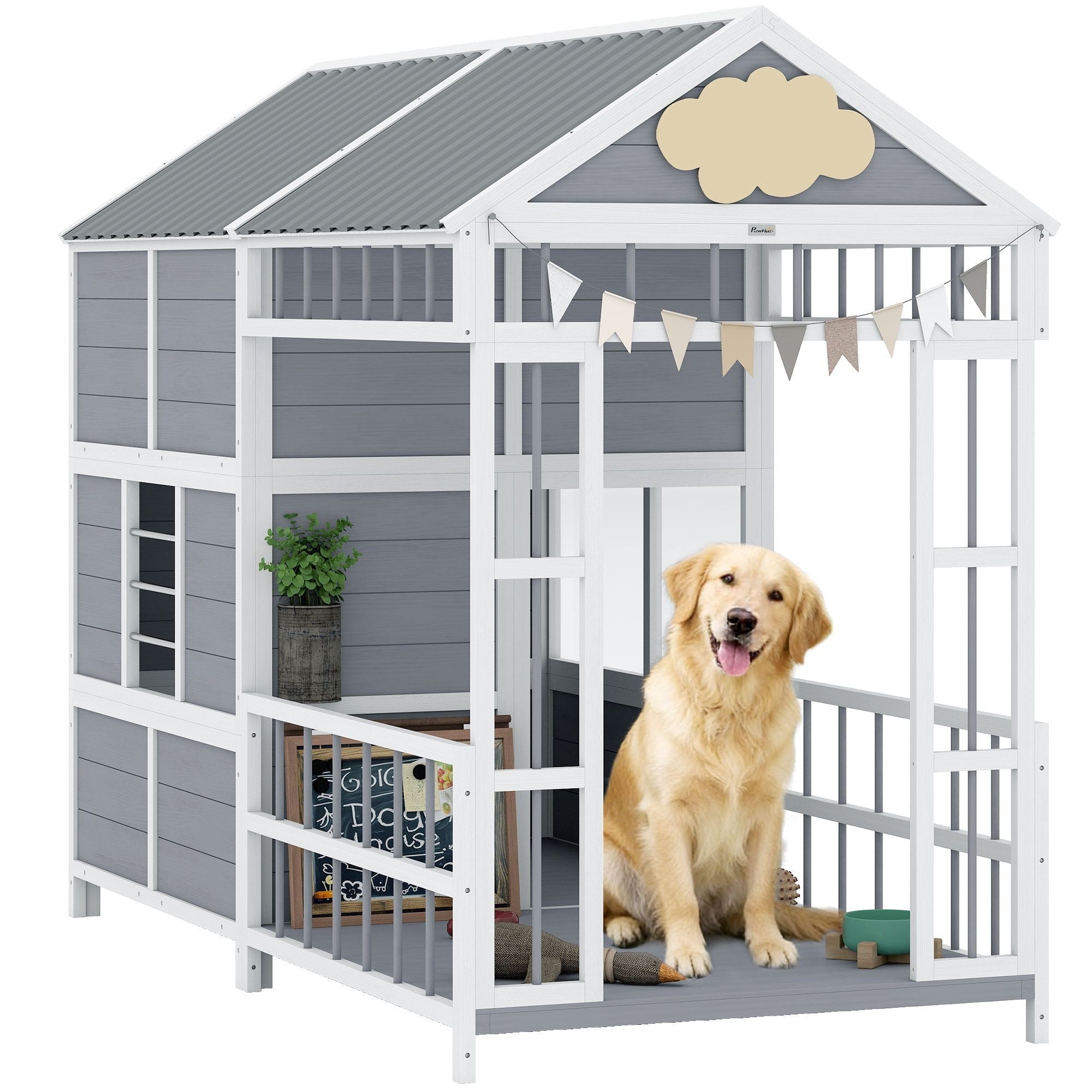 79"L Large Dog House Outdoor, Wooden Dog Kennel with Porch, Storage Cabinet,Weatherproof Roof, Windows - Dog Time Outlet