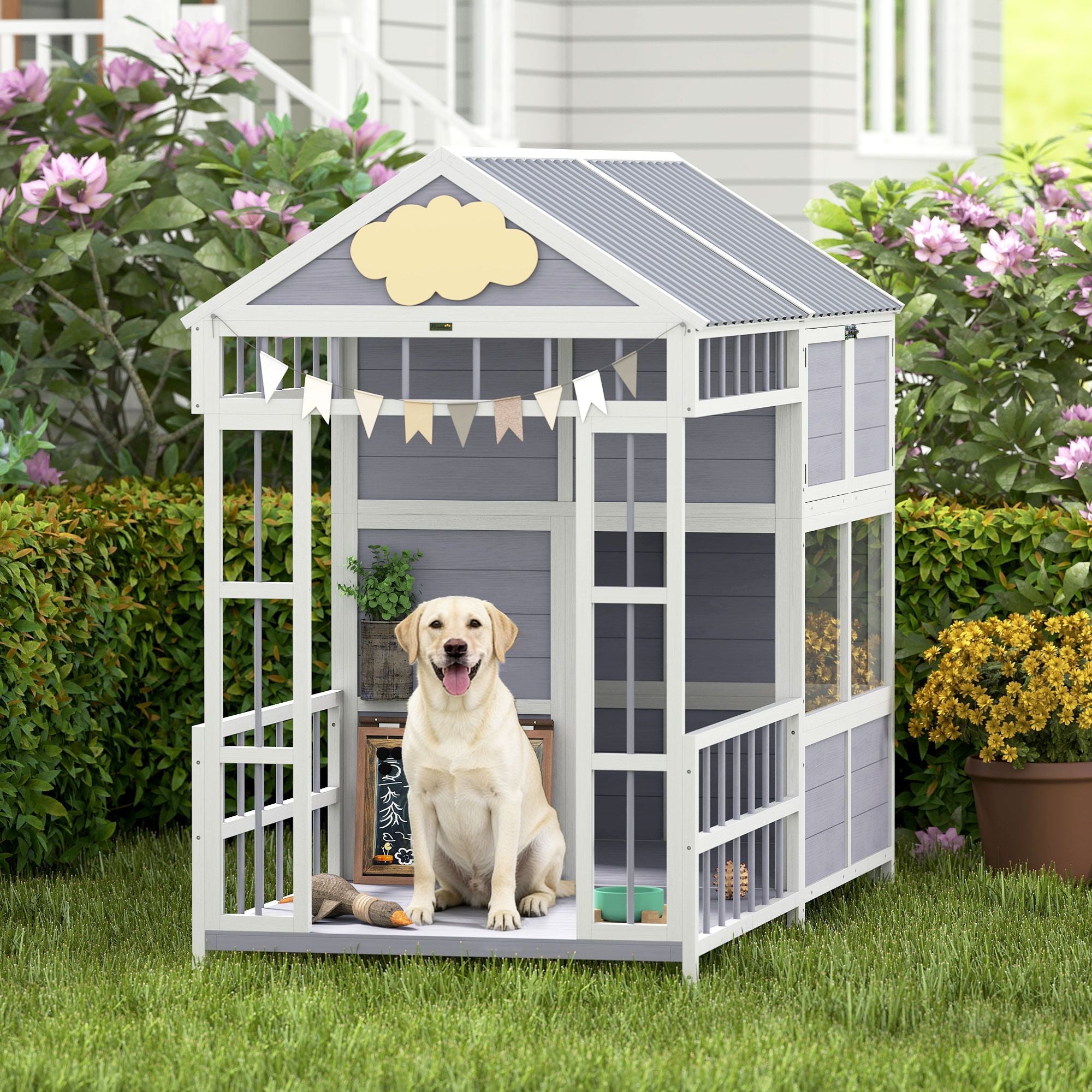 79"L Large Dog House Outdoor, Wooden Dog Kennel with Porch, Storage Cabinet,Weatherproof Roof, Windows - Dog Time Outlet