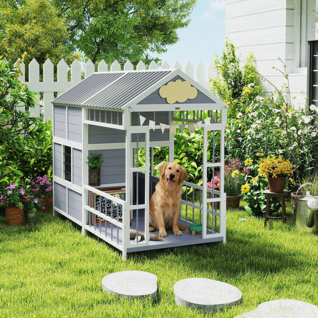 79"L Large Dog House Outdoor, Wooden Dog Kennel with Porch, Storage Cabinet,Weatherproof Roof, Windows - Dog Time Outlet