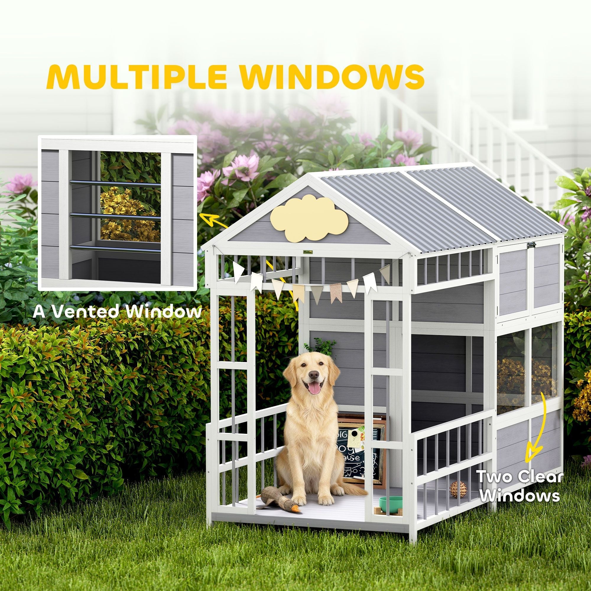 79"L Large Dog House Outdoor, Wooden Dog Kennel with Porch, Storage Cabinet,Weatherproof Roof, Windows - Dog Time Outlet