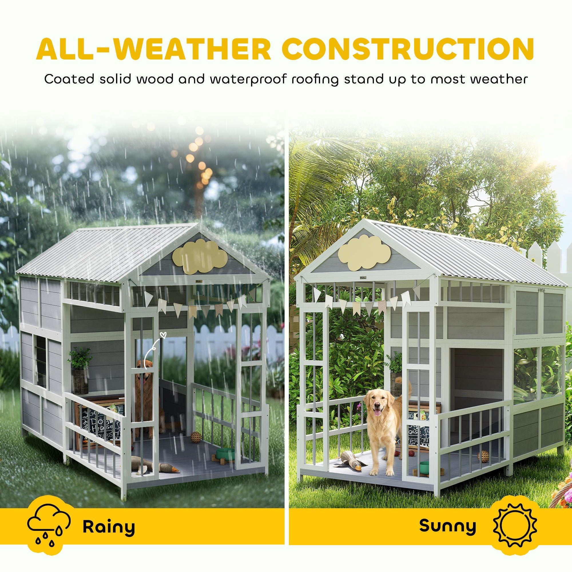79"L Large Dog House Outdoor, Wooden Dog Kennel with Porch, Storage Cabinet,Weatherproof Roof, Windows - Dog Time Outlet