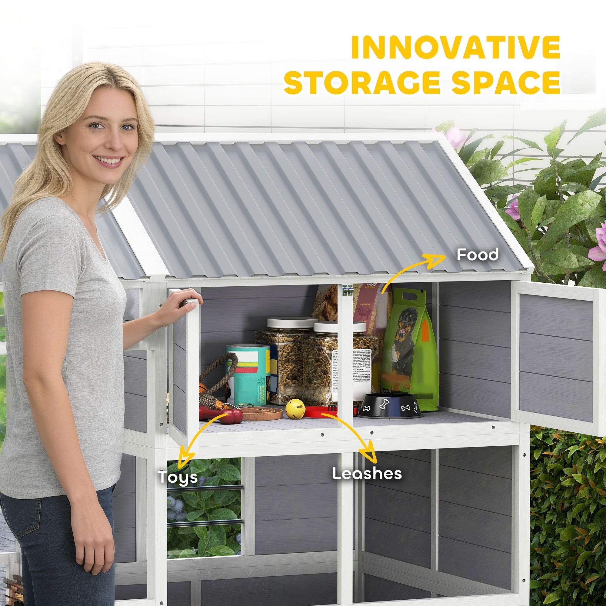 79"L Large Dog House Outdoor, Wooden Dog Kennel with Porch, Storage Cabinet,Weatherproof Roof, Windows - Dog Time Outlet