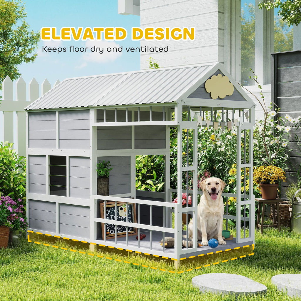 79"L Large Dog House Outdoor, Wooden Dog Kennel with Porch, Storage Cabinet,Weatherproof Roof, Windows - Dog Time Outlet