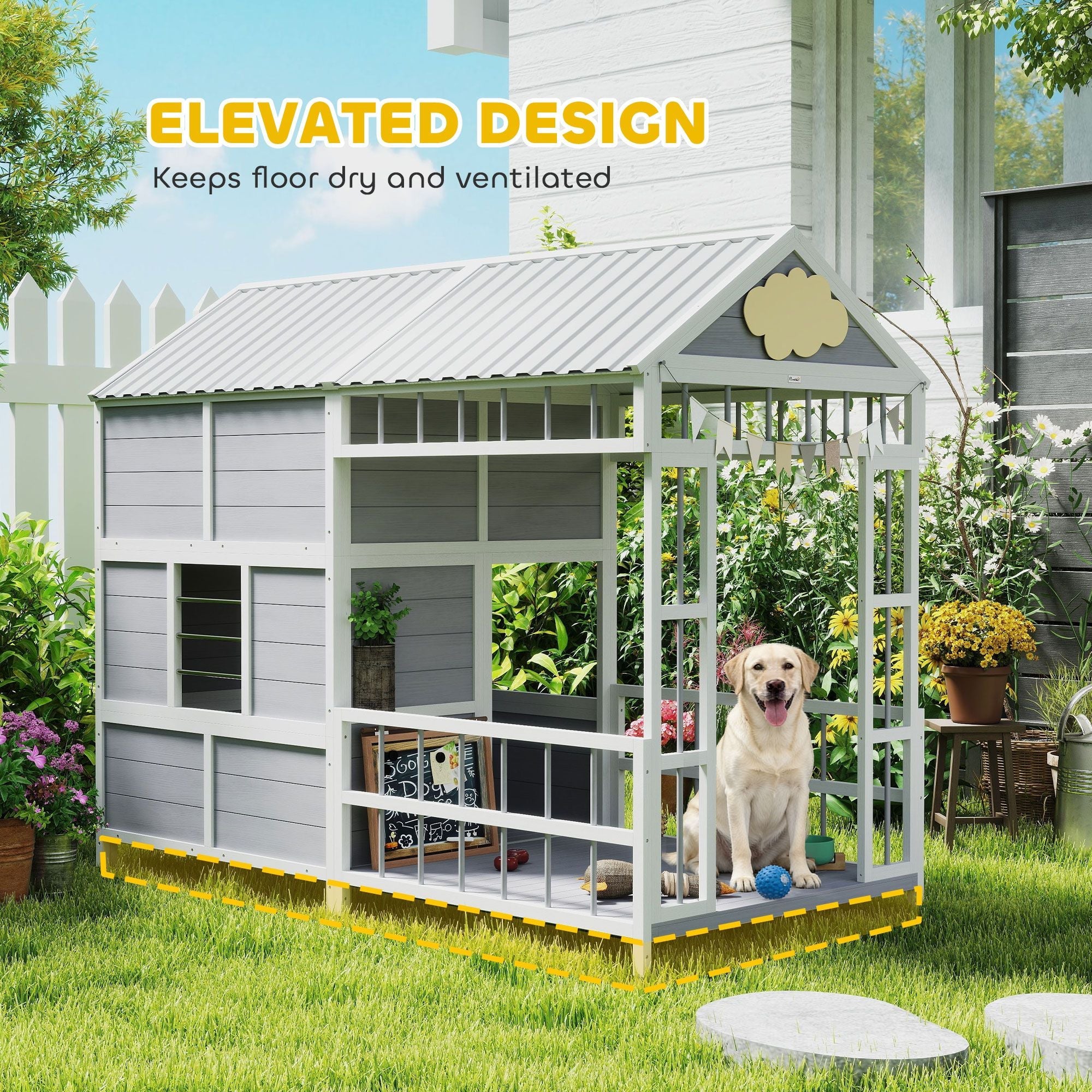 79"L Large Dog House Outdoor, Wooden Dog Kennel with Porch, Storage Cabinet,Weatherproof Roof, Windows - Dog Time Outlet