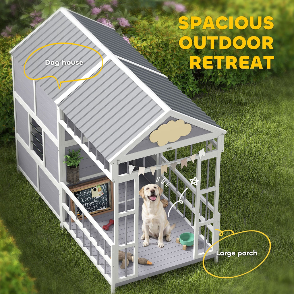 79"L Large Dog House Outdoor, Wooden Dog Kennel with Porch, Storage Cabinet,Weatherproof Roof, Windows - Dog Time Outlet