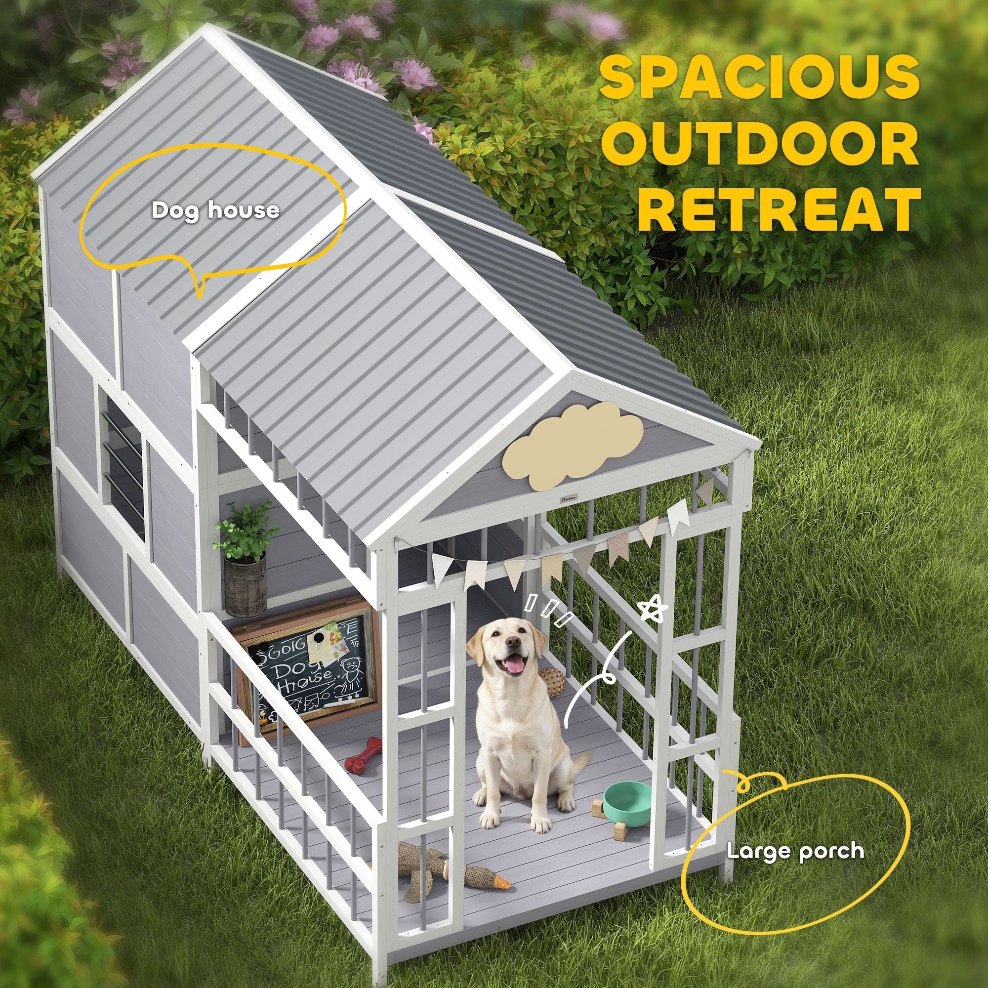 79"L Large Dog House Outdoor, Wooden Dog Kennel with Porch, Storage Cabinet,Weatherproof Roof, Windows - Dog Time Outlet