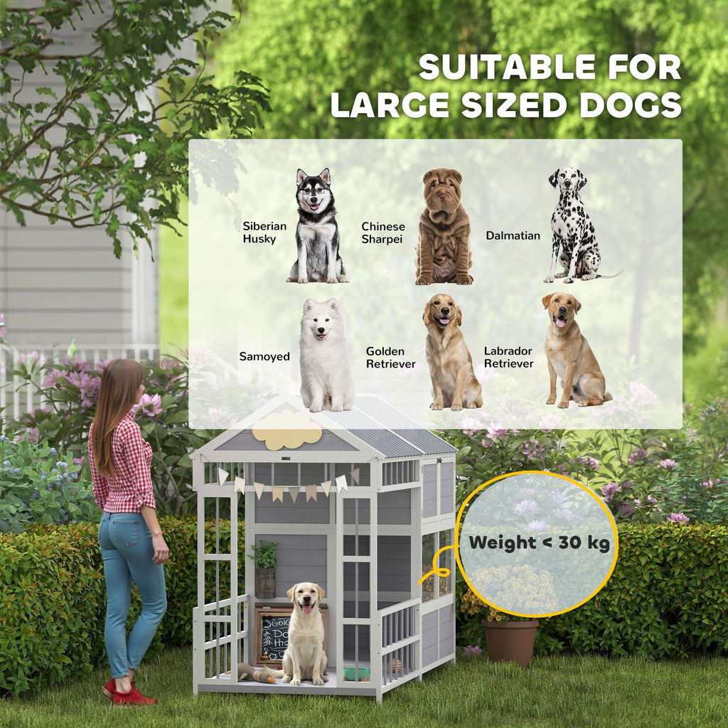 79"L Large Dog House Outdoor, Wooden Dog Kennel with Porch, Storage Cabinet,Weatherproof Roof, Windows - Dog Time Outlet