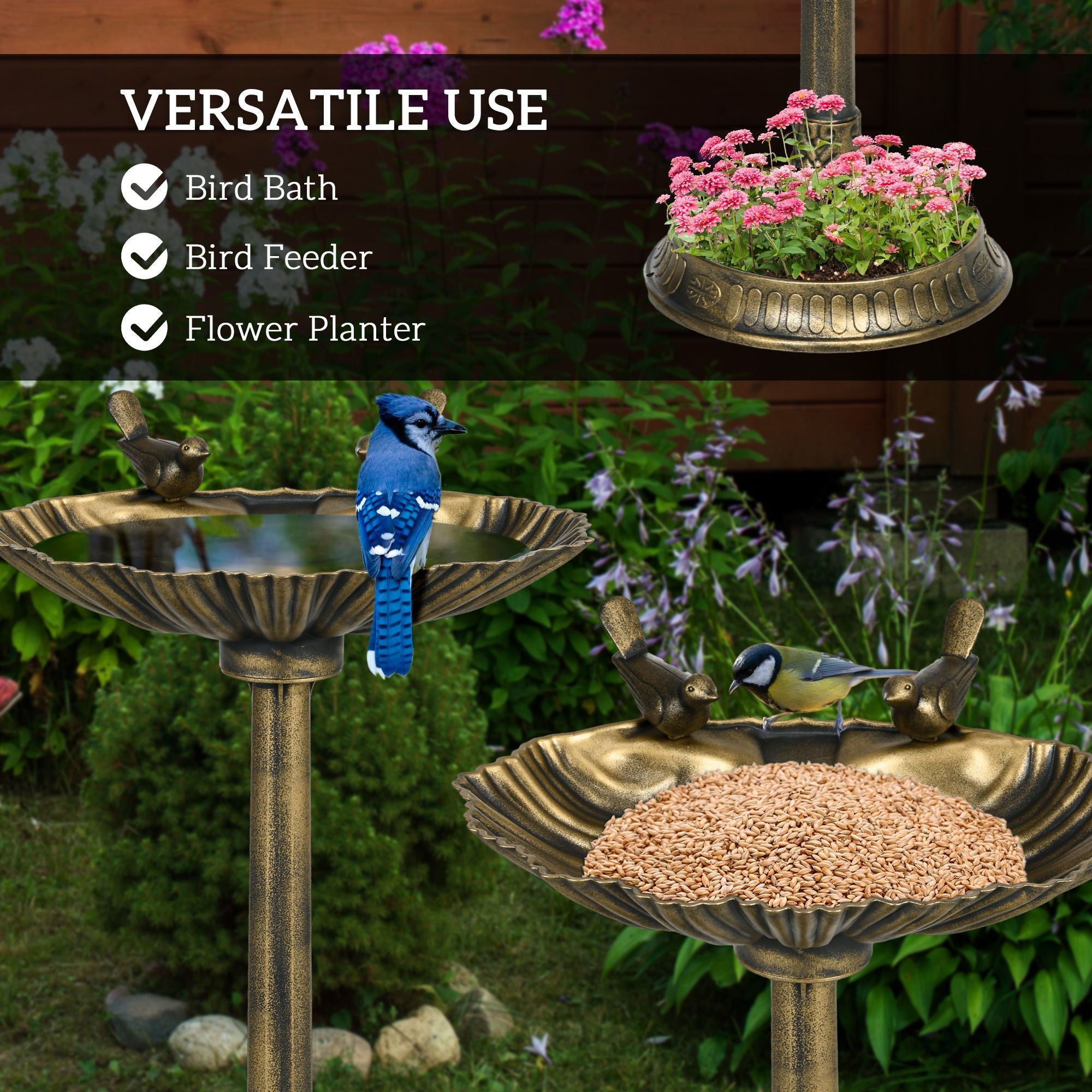 Antique Bronze Birdbath 32" with Planter Pedestal & Bird Statues Garden Decor - Dog Time Outlet