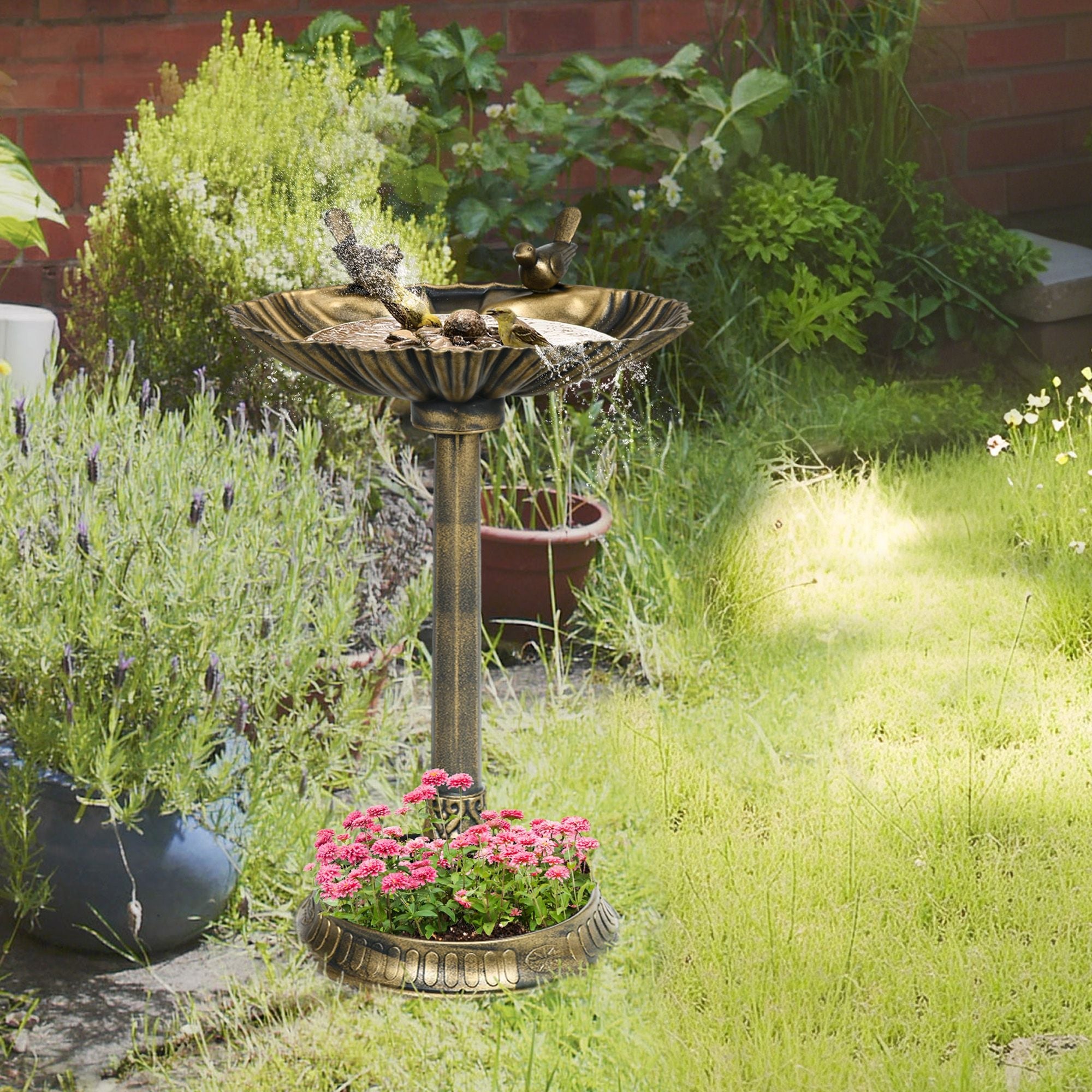 Antique Bronze Birdbath 32" with Planter Pedestal & Bird Statues Garden Decor - Dog Time Outlet