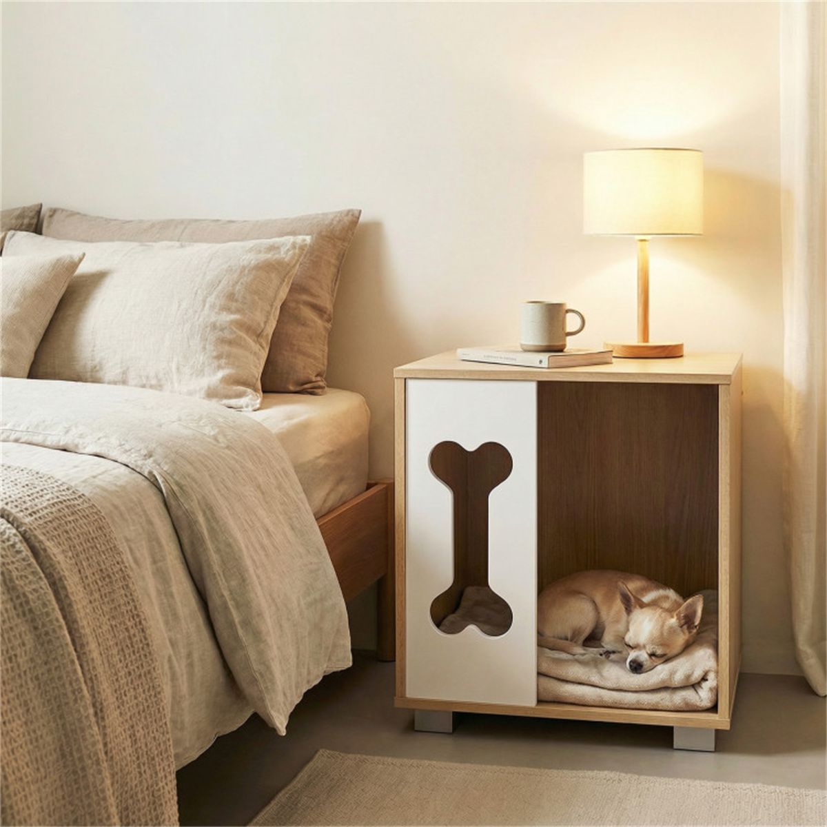 Cat Dog House Dog Bed Side Table Wooden Dog Condo with Bone - shape Window and Thick Metal Legs - Dog Time Outlet