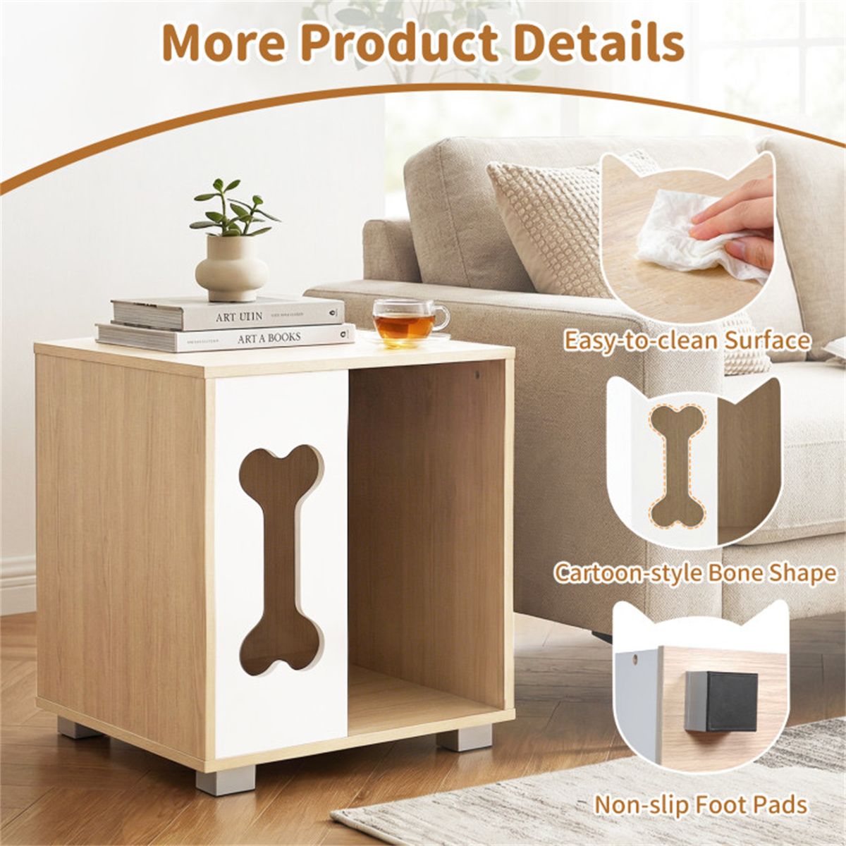 Cat Dog House Dog Bed Side Table Wooden Dog Condo with Bone - shape Window and Thick Metal Legs - Dog Time Outlet