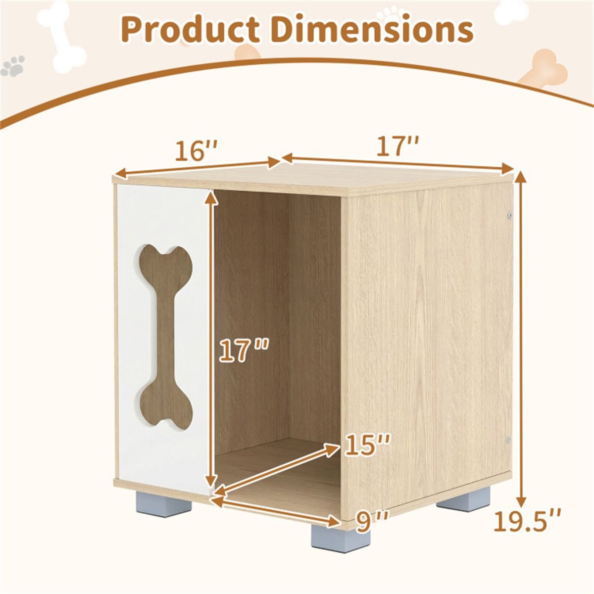 Cat Dog House Dog Bed Side Table Wooden Dog Condo with Bone - shape Window and Thick Metal Legs - Dog Time Outlet