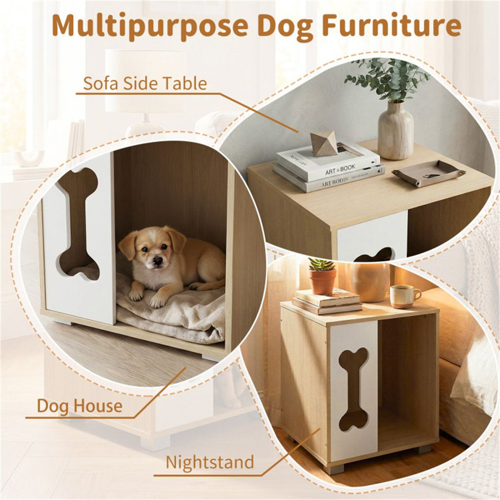 Cat Dog House Dog Bed Side Table Wooden Dog Condo with Bone - shape Window and Thick Metal Legs - Dog Time Outlet