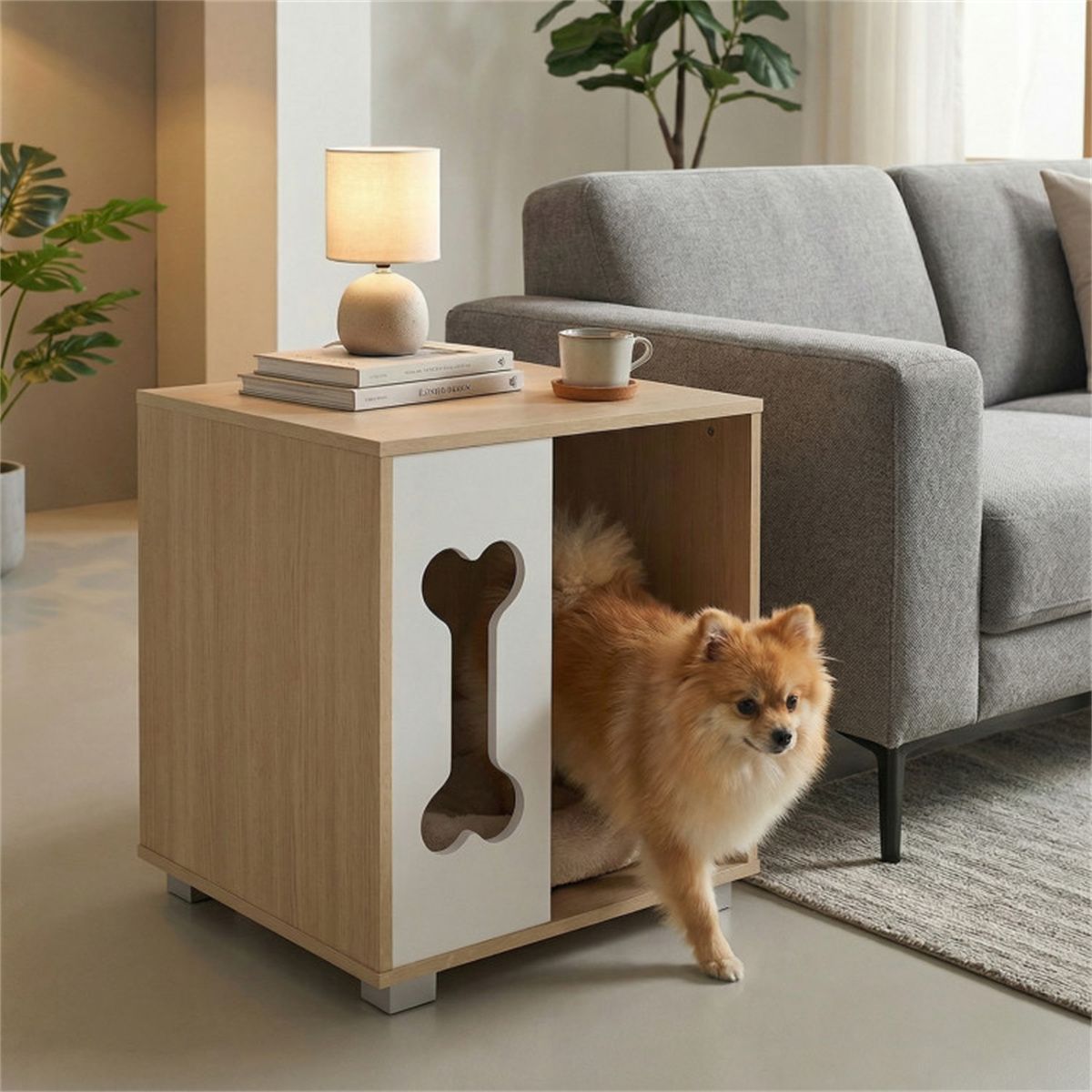 Cat Dog House Dog Bed Side Table Wooden Dog Condo with Bone - shape Window and Thick Metal Legs - Dog Time Outlet