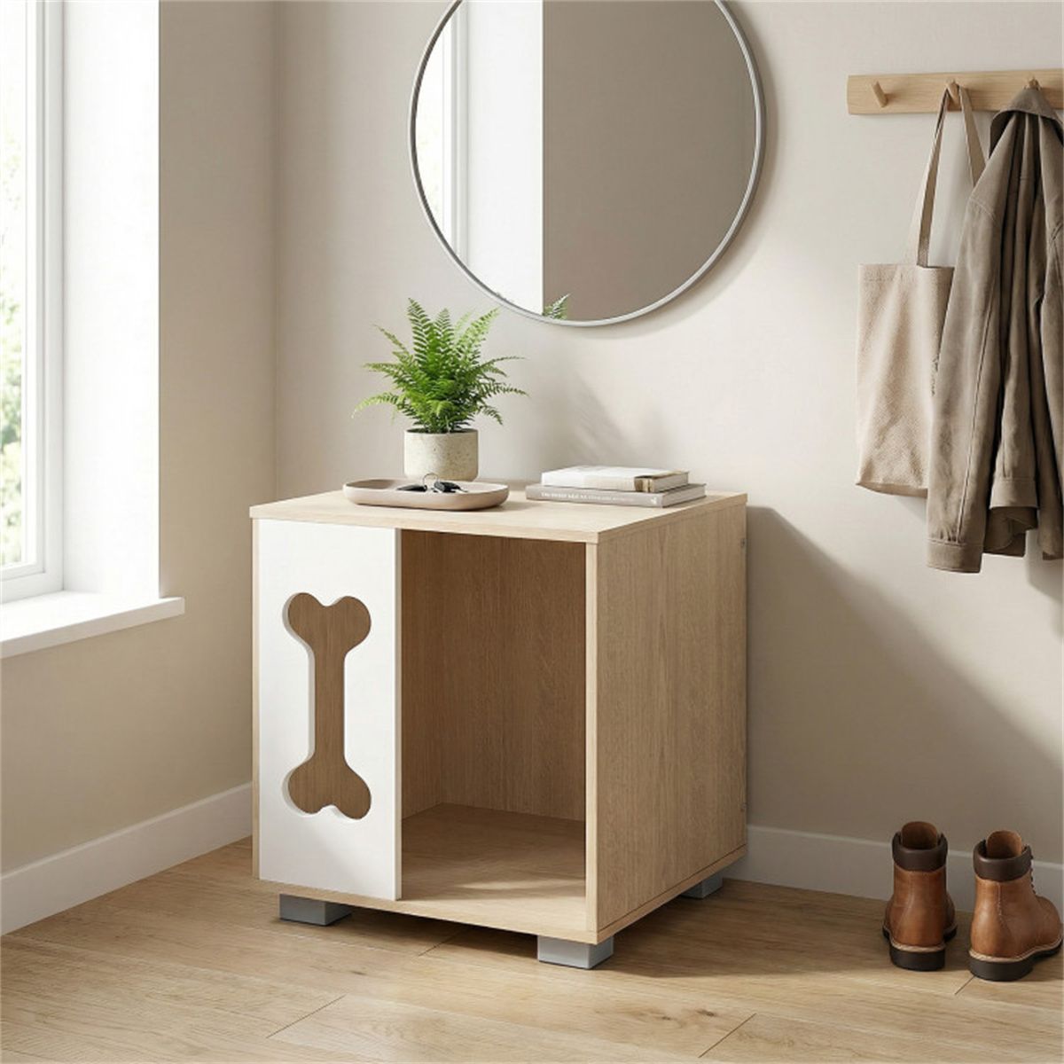 Cat Dog House Dog Bed Side Table Wooden Dog Condo with Bone - shape Window and Thick Metal Legs - Dog Time Outlet