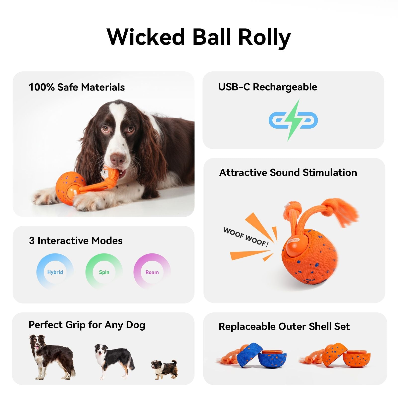 Cheerble Interactive Dog Toy, Wicked Ball Rolly, Automatic Move, E - TPU Material, Rope and Barking Sounds, for Medium to Large Dogs - Dog Time Outlet