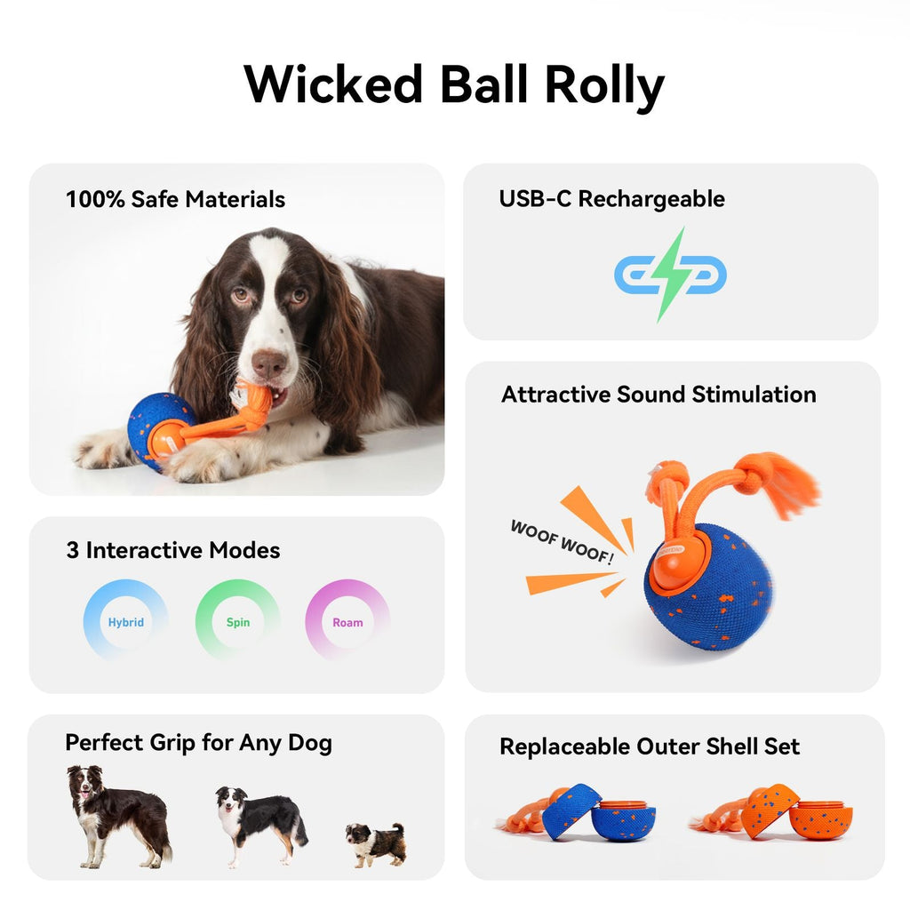 Cheerble Interactive Dog Toy, Wicked Ball Rolly, Automatic Move, E - TPU Material, Rope and Barking Sounds, for Medium to Large Dogs - Dog Time Outlet