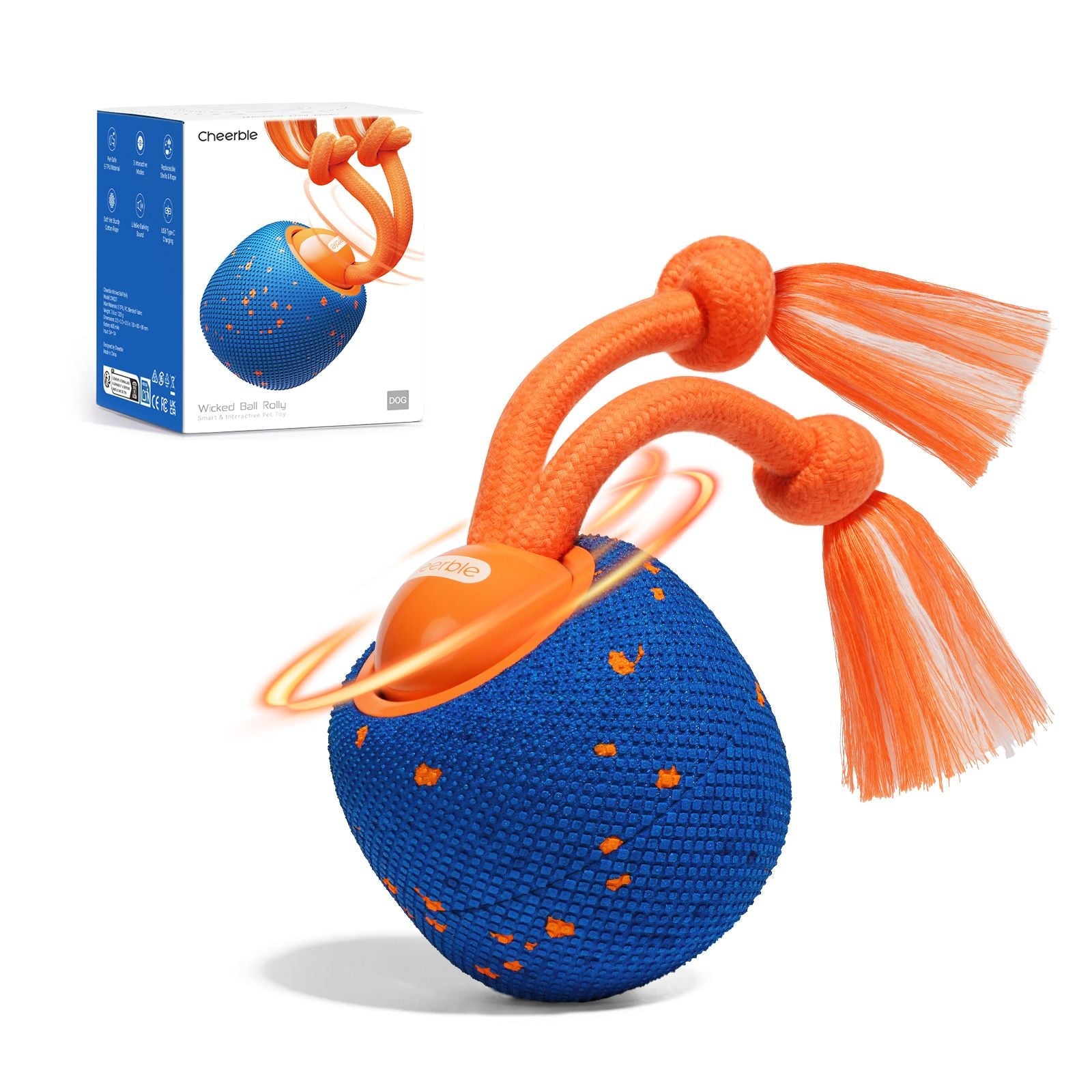 Cheerble Interactive Dog Toy, Wicked Ball Rolly, Automatic Move, E - TPU Material, Rope and Barking Sounds, for Medium to Large Dogs - Dog Time Outlet