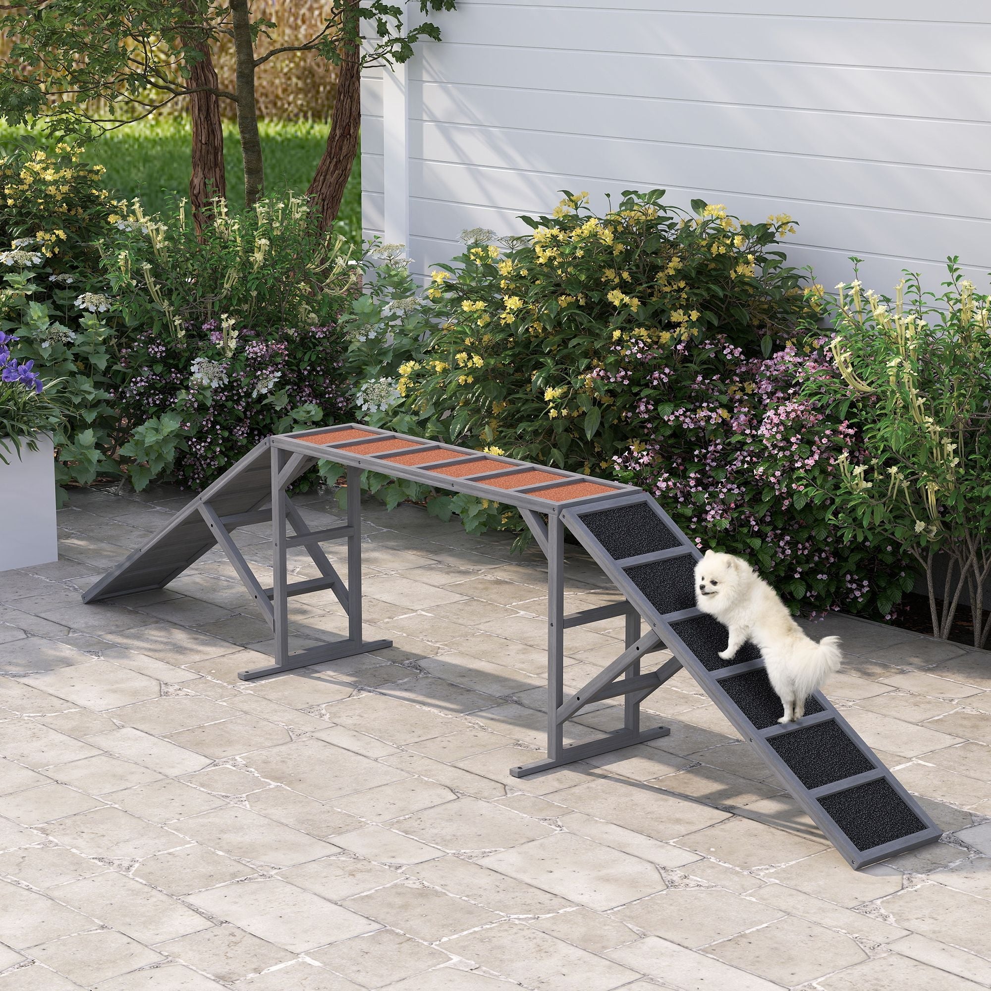 Dog Agility Equipment Ramp with Safety Bar, Non - slip Surface, for Walk and Pause Training, Gray - Dog Time Outlet