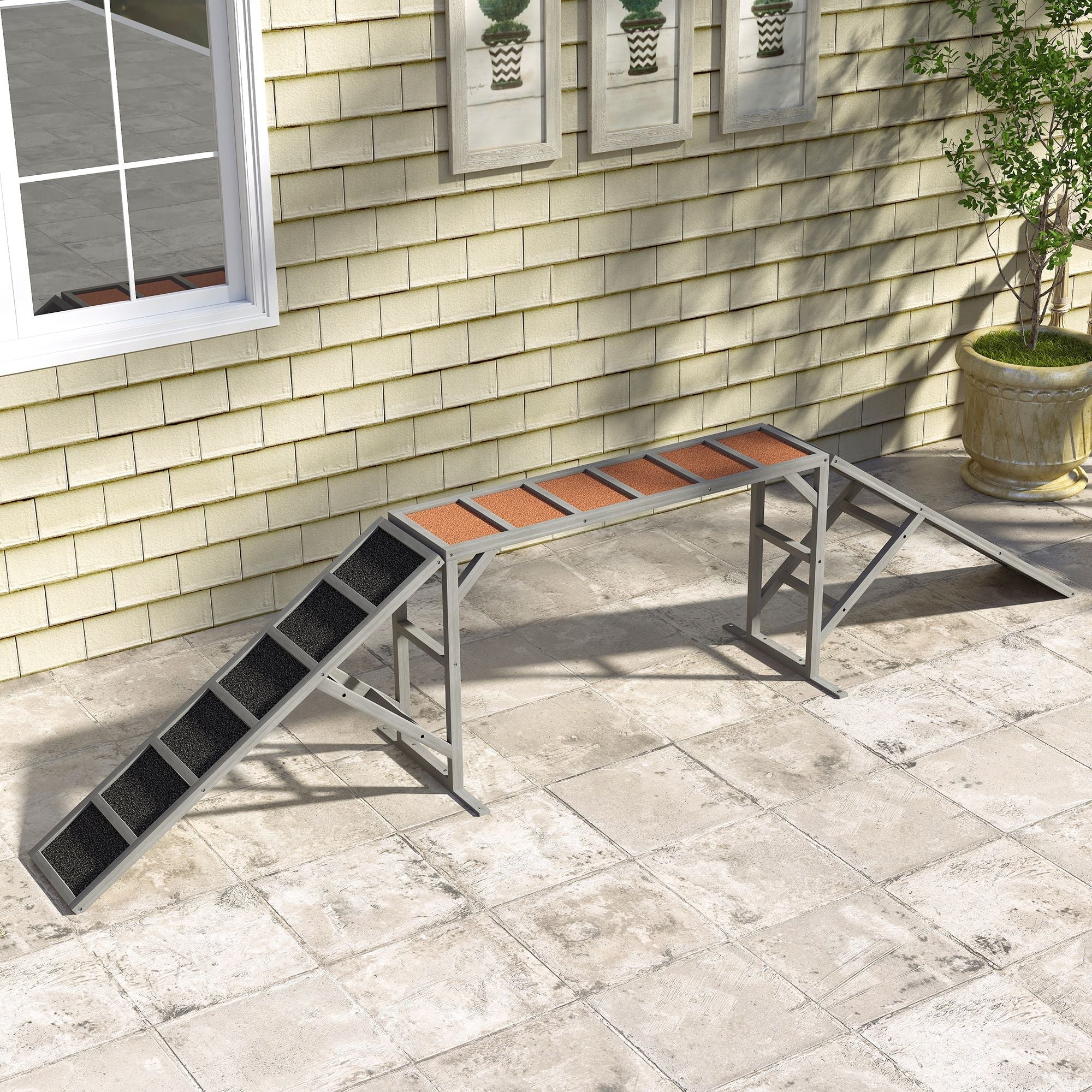 Dog Agility Equipment Ramp with Safety Bar, Non - slip Surface, for Walk and Pause Training, Gray - Dog Time Outlet