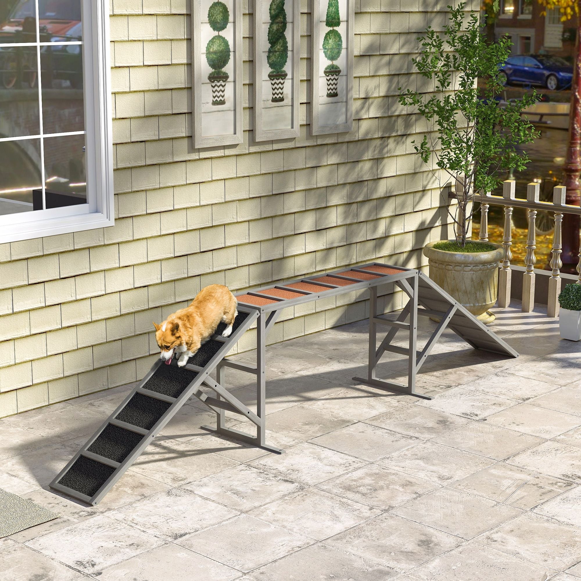 Dog Agility Equipment Ramp with Safety Bar, Non - slip Surface, for Walk and Pause Training, Gray - Dog Time Outlet