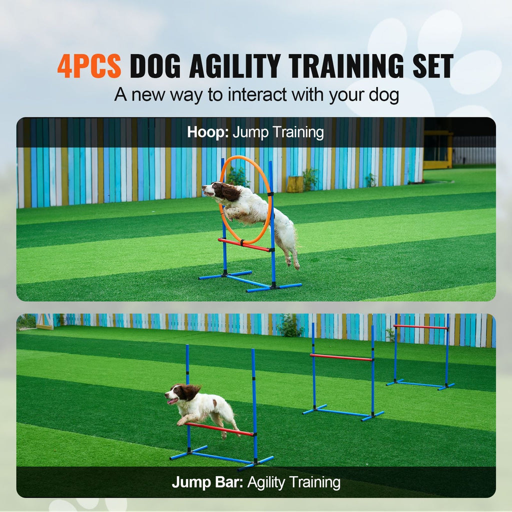 Dog Agility Training Equipment, 4 PCS Set - Adjustable High Hurdles and Jump Ring, Puppy Obstacle Course Jump Starter Kit with Poles Storage Bag for Backyard, Indoor, Outdoor - Dog Time Outlet