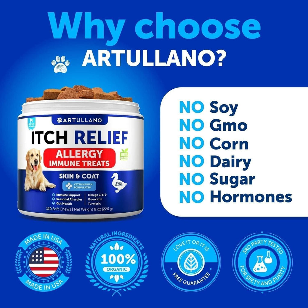 Dog Allergy Relief Chews Itching Skin Relief for Dogs Fish Oil Omega 3 Seasonal Allergies Pills Skin & Coat Anti ItchHot Spots Treatment Canine Immune Health Supplement 120 Soft Treats - Dog Time Outlet