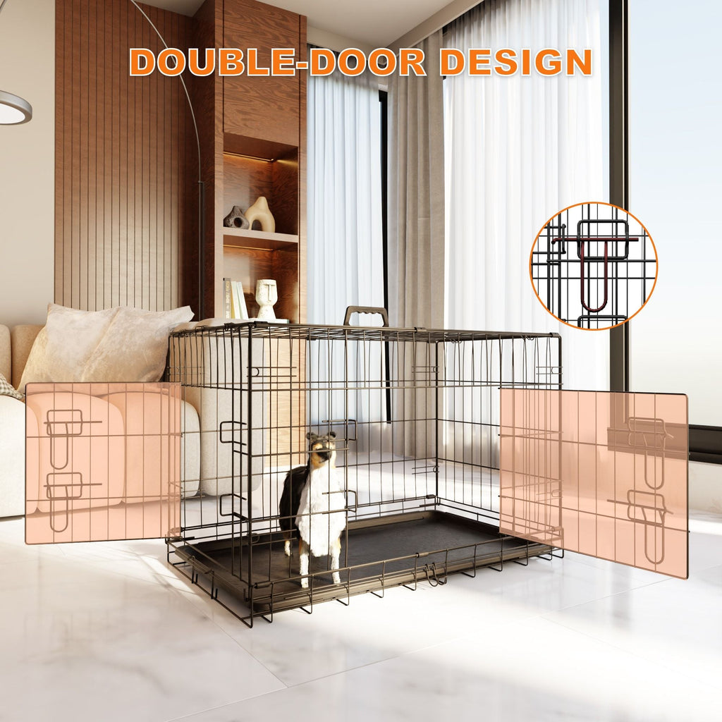 Dog Crate, 36 Inch Medium Dog Cage with Divider and Plastic Leak - Proof Pan Tray, Double Door Folding Metal Wire Cage for Indoor, Outdoor, and Travel, Made in Vietnam - Dog Time Outlet