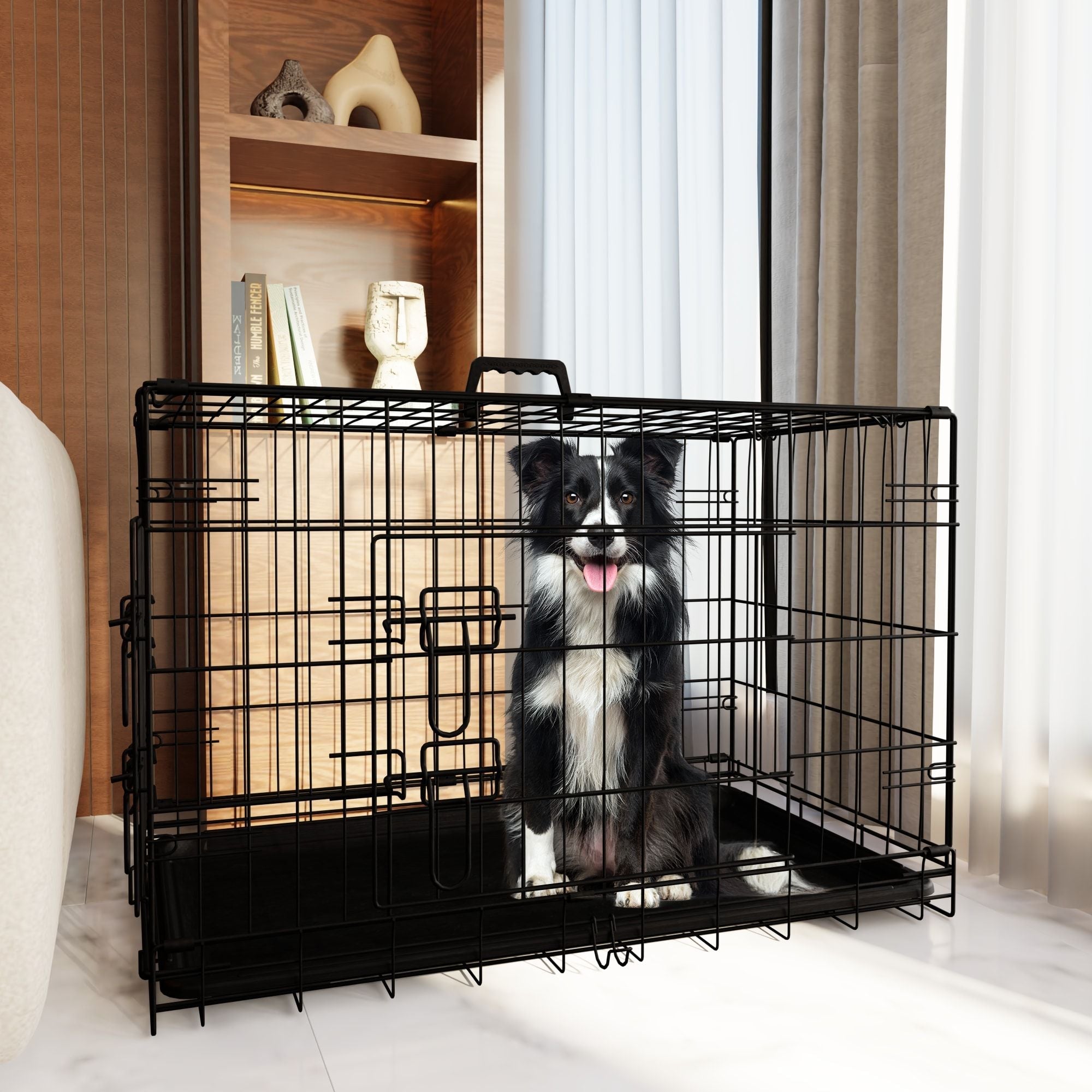 Dog Crate, 42 Inch Large Dog Cage with Divider and Plastic Leak - Proof Pan Tray, Double Door Folding Metal Wire Cage for Indoor, Outdoor, and Travel, Made in Vietnam - Dog Time Outlet